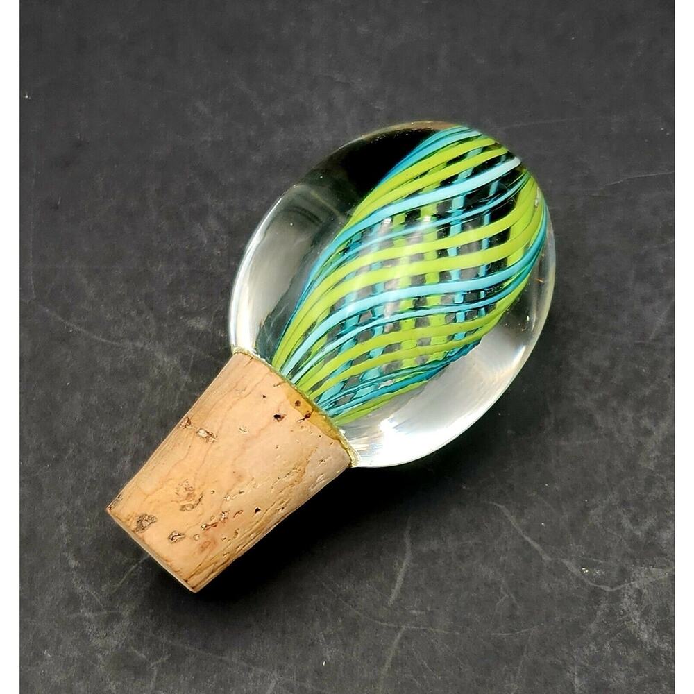 Vtg Blown Glass & Cork BOTTLE STOPPER Blue & Green Twisted Cane Ribbons